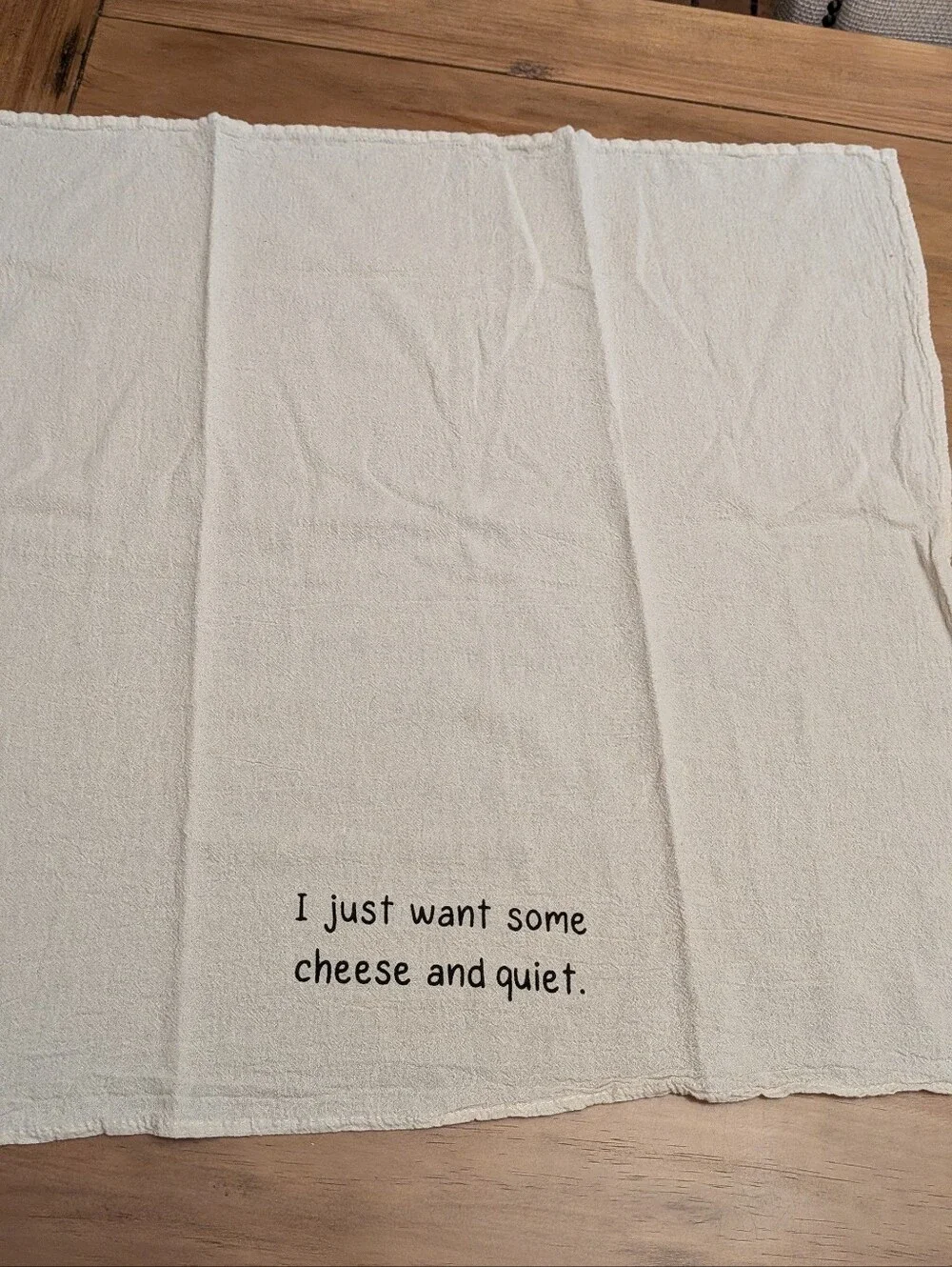 Cute Cream Cotton Kitchen Dish Drying Towel with 'Cheese and Quiet' Text